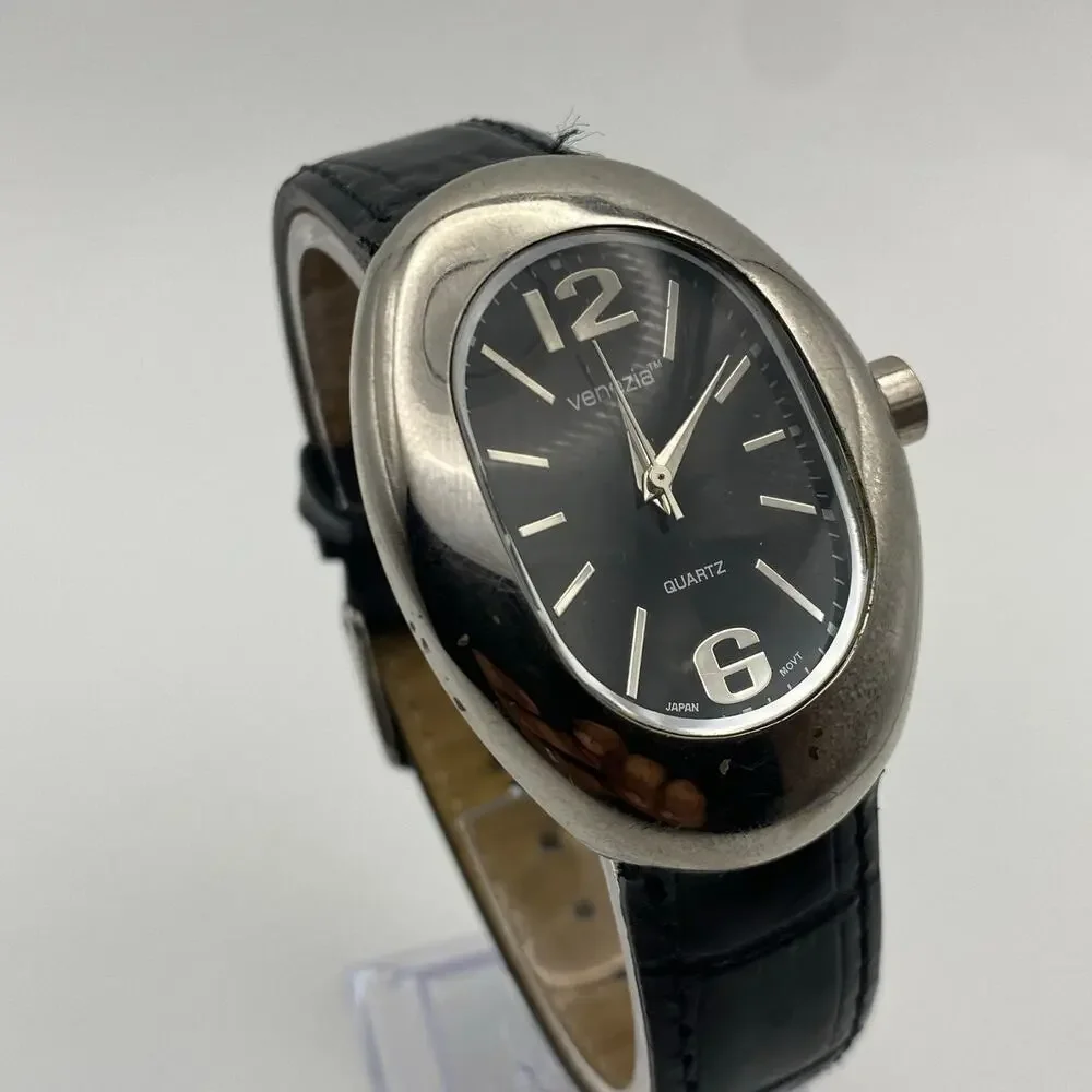Elegant Venezia Oval Silver-Tone Ladies Watch, Black Band Working New Battery